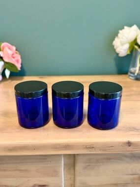 Cobalt Blue Glass Jars Set of 3 w/ Lids Midnight Decor Storage